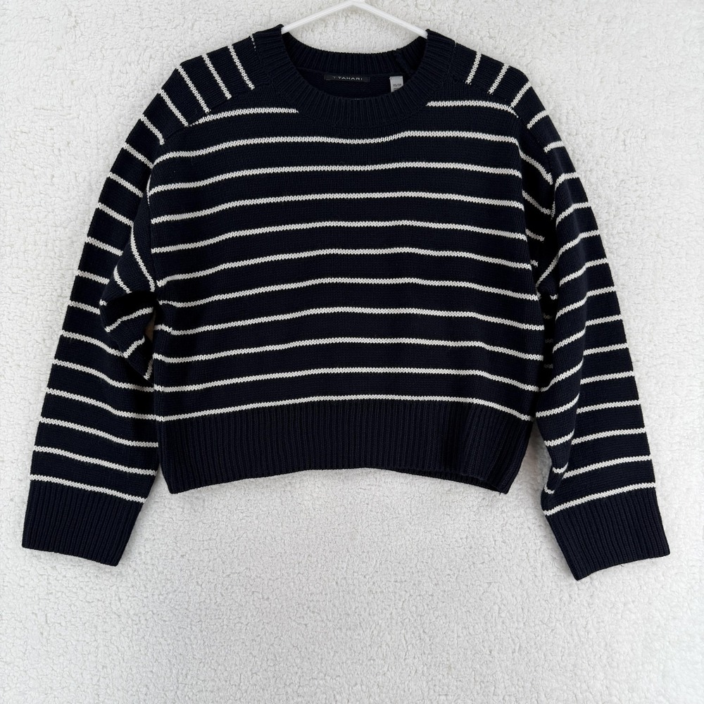 T Tahari Sweater Womens XS Navy Cream Stripe Crewneck Pullover Viscose Blend NWT